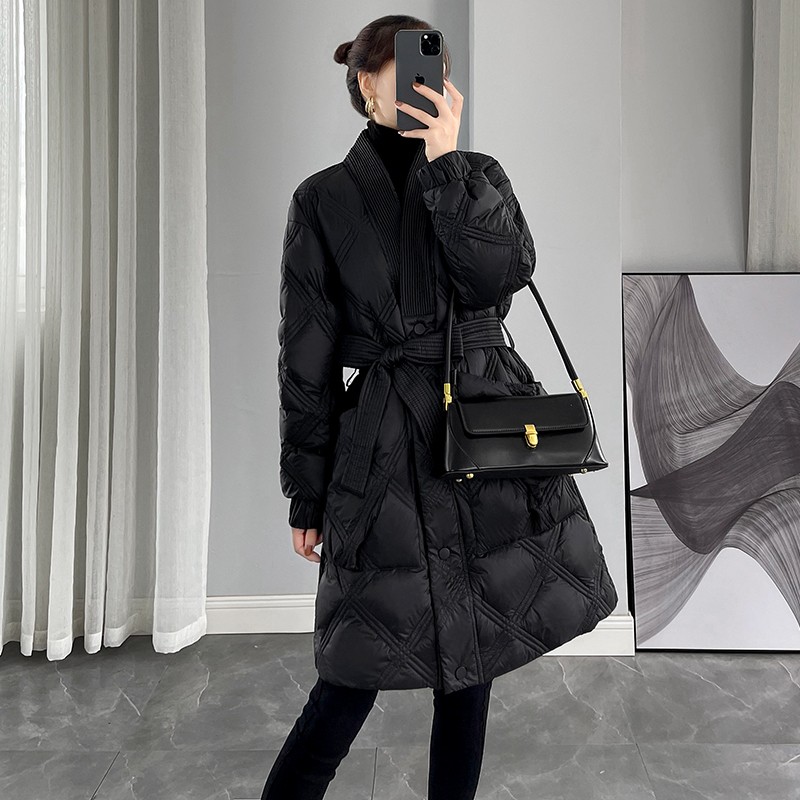 黑色系带羽绒棉服女冬季2025新款设计感收腰显瘦中长款棉衣外套