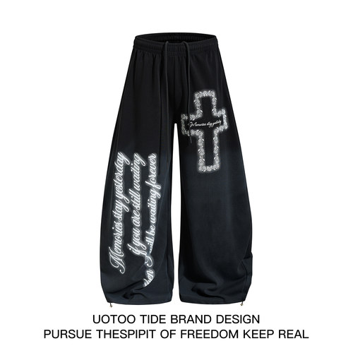 UOTOO十字架图腾印花阔腿卫裤