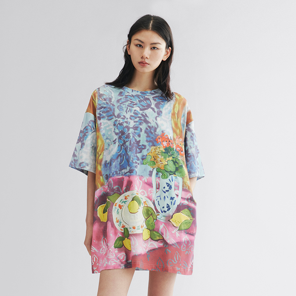 乌丫花卉水果场景油画T恤连衣裙