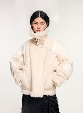 UOOYAA/乌丫2025冬季新款「奇幻精灵」毛毛拼接机车夹克羽绒服