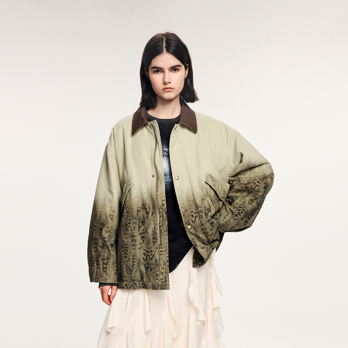 乌丫鸵鸟皮领超现实羽毛牛仔棉服