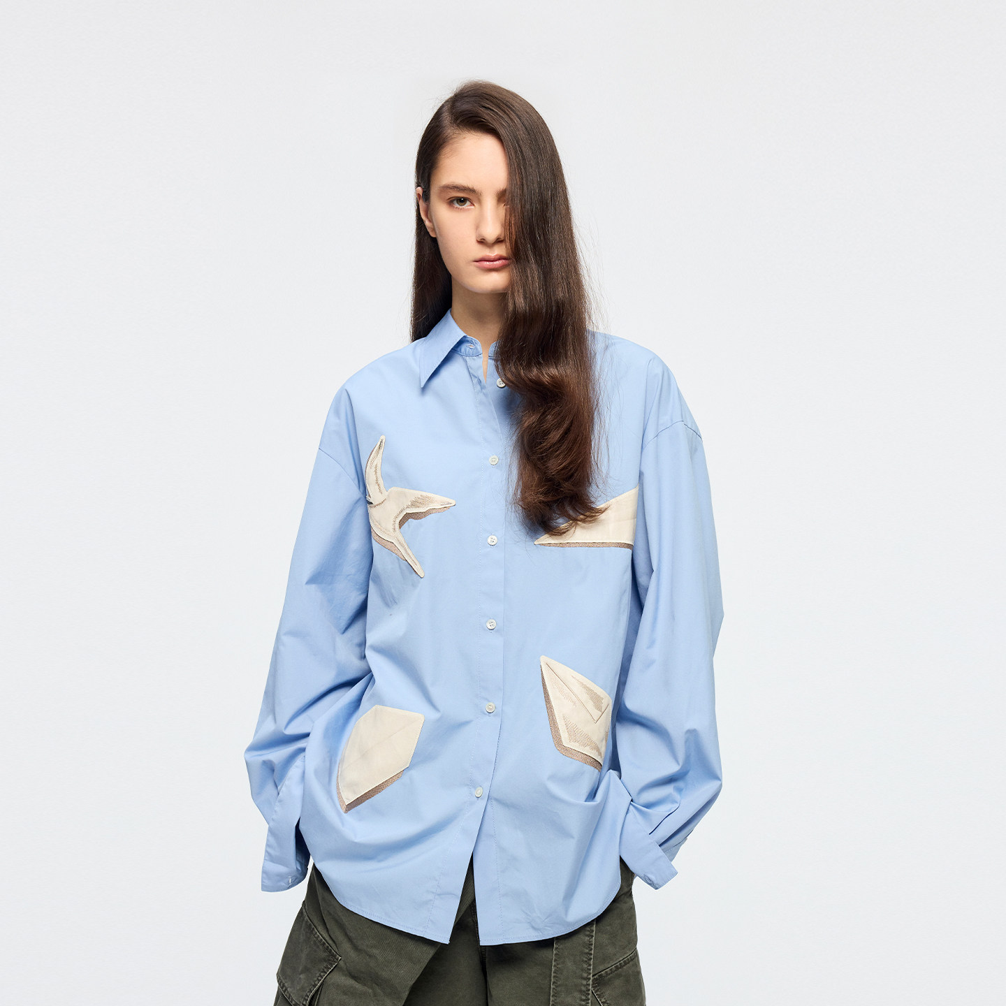 UOOYAA/乌丫2026春季新款「魔法花园」折纸飞鸟PU皮贴布刺绣衬衫,女装/女士精品,衬衫,淘宝优惠券,粉丝福利购,淘宝优惠卷