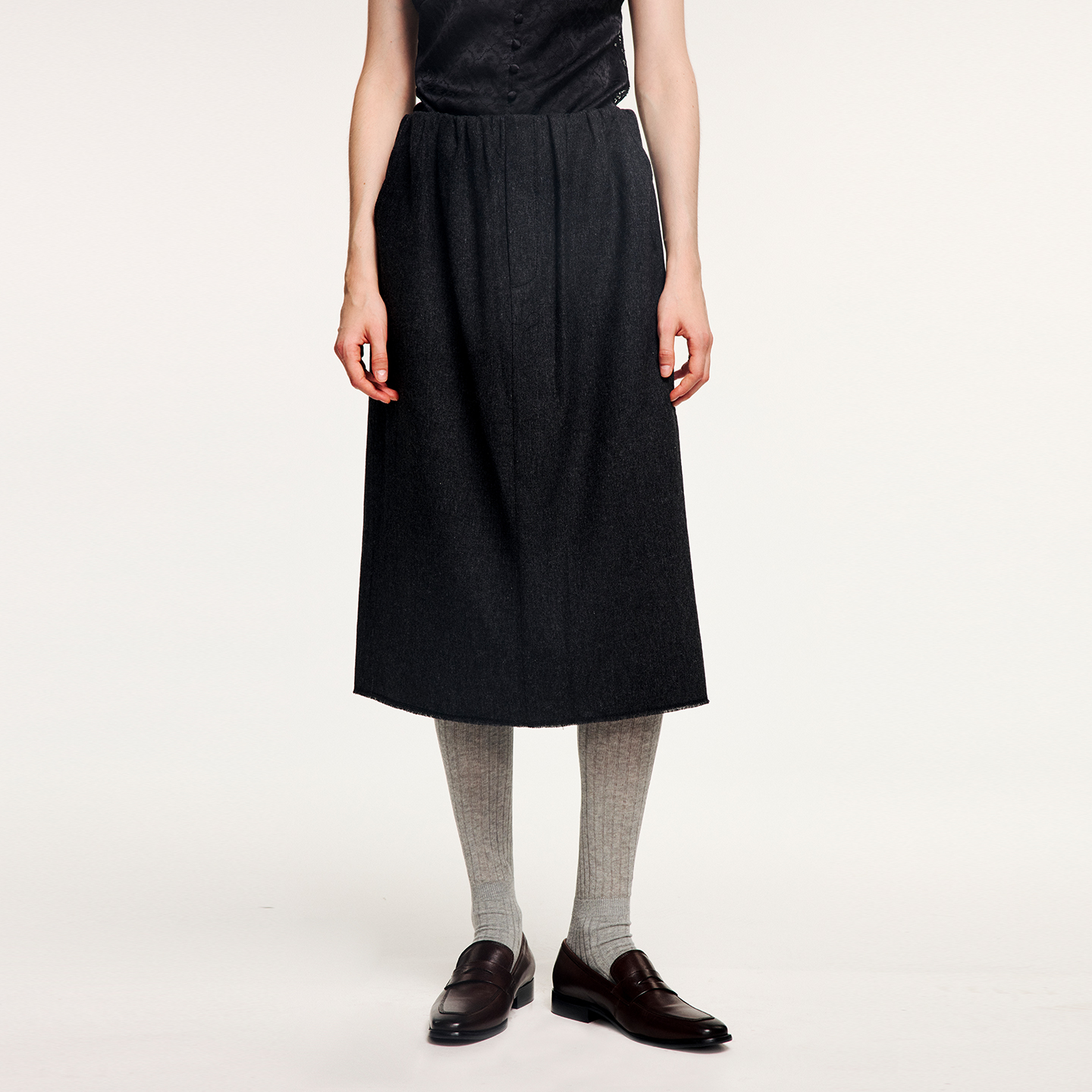 UOOYAA精纺羊毛抽褶半裙