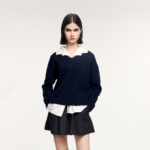 UOOYAA/乌丫2025冬季新款V领衬衫假两件套头毛衫