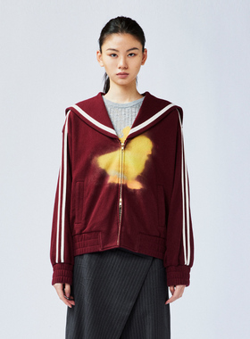 UOOYAA/乌丫2025春季新款“I”鸭水洗印花海军领卫衣