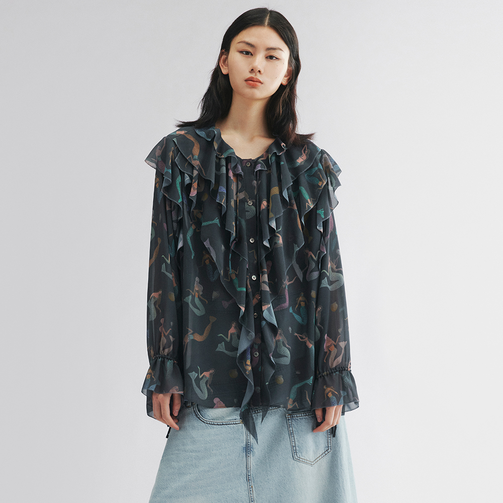 UOOYAA/乌丫美人鱼荷叶领衬衫