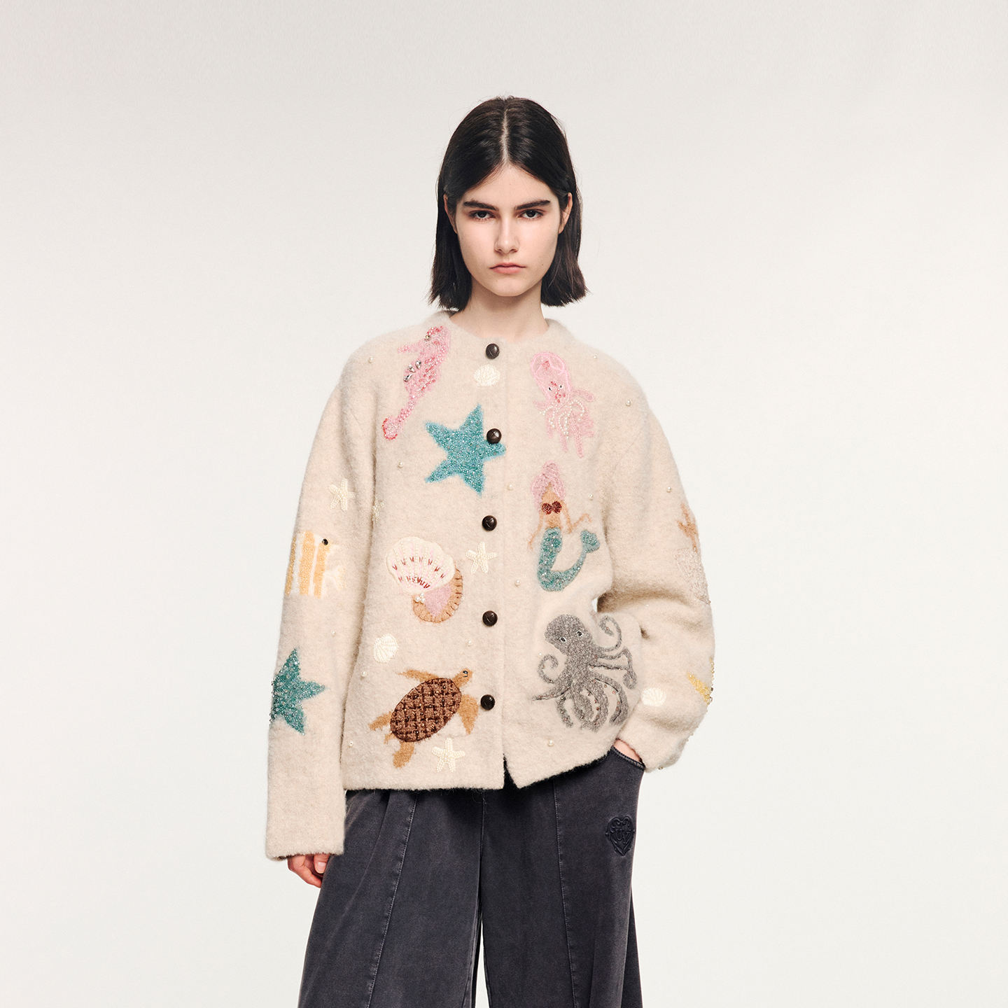 乌丫钉珠刺绣手作毛开衫