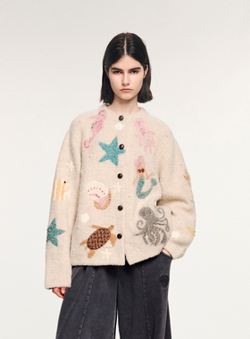 UOOYAA/乌丫2025冬季新款「奇幻海底」钉珠刺绣手作毛开衫