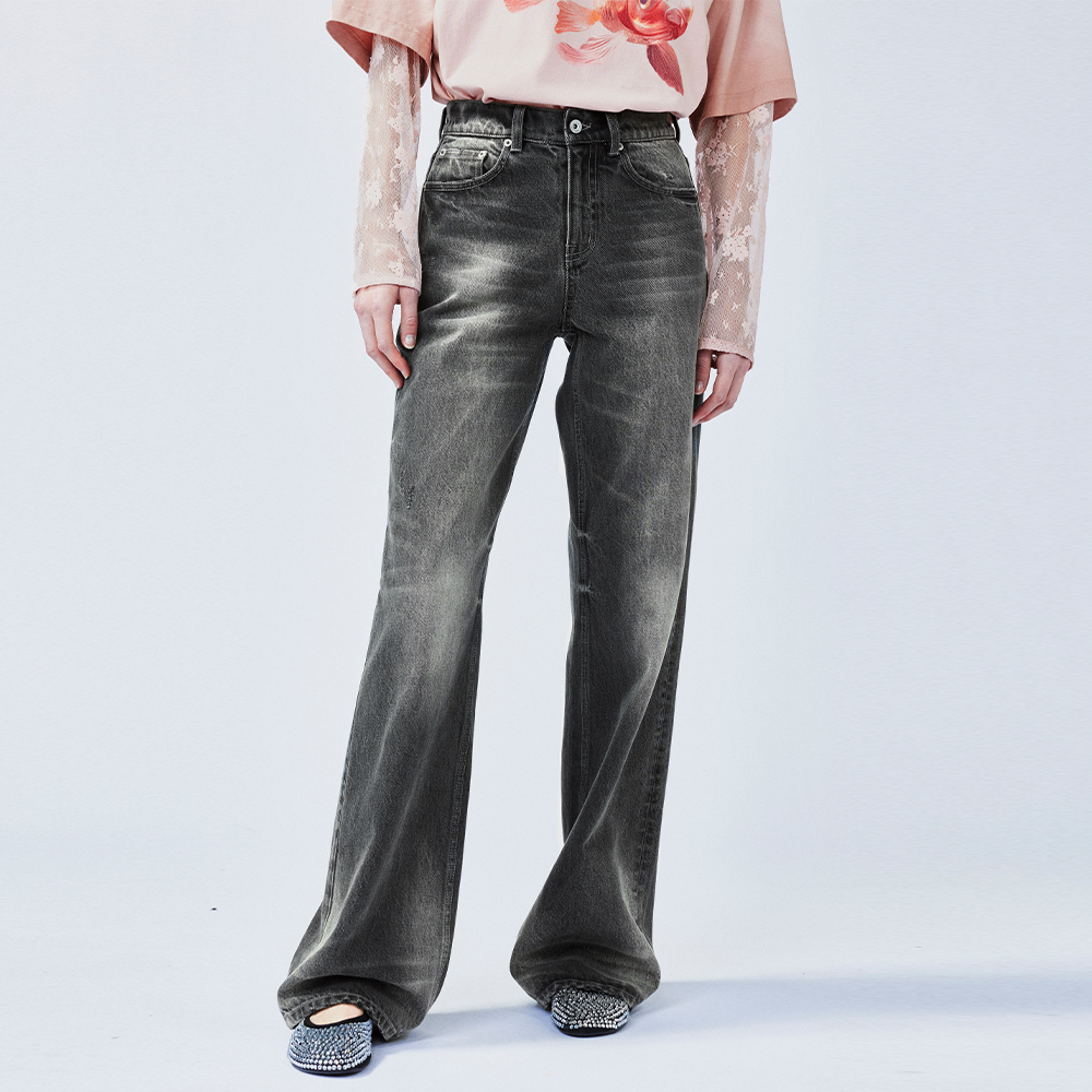 UOOYAA乌丫黑色水洗直筒牛仔长裤