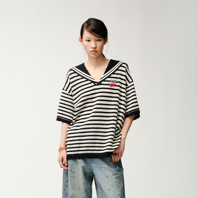 UOOYAA/乌丫经典海军领条纹「动感樱桃」宽松针织T恤