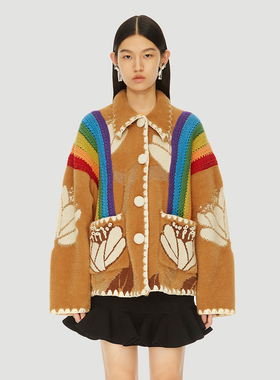 UOOYAA/乌丫经典复古彩虹提花纱线翻领针织开衫
