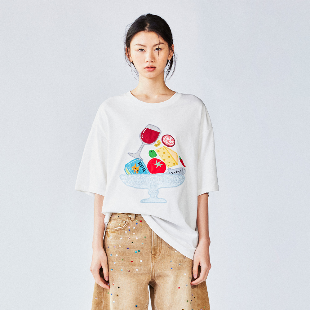 UOOYAA/乌丫美食餐盘贴布刺绣T恤