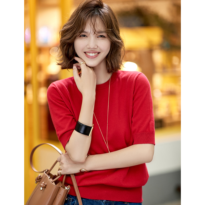 23区日系秋季通勤直筒羊绒羊毛混纺圆领短袖毛衣针织毛衫商场同款