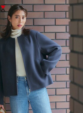 23区日系春季通勤职业OL宽松羊毛混纺圆领毛呢外套短大衣商场同款