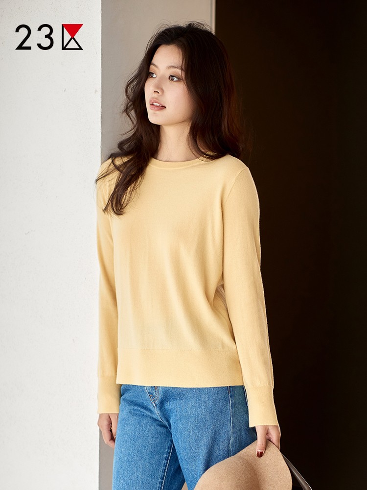 23区日系秋季通勤直筒羊毛羊绒混纺圆领套头毛衣针织毛衫商场同款