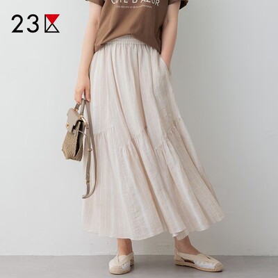 纯亚麻松紧腰拼接半身裙商场同款