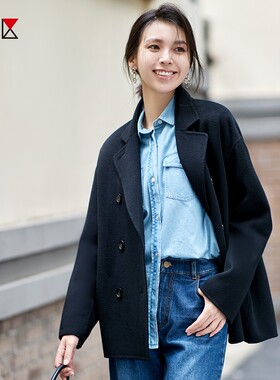23区日系春季通勤宽松羊毛桑蚕丝混纺双排扣大衣毛呢外套商场同款