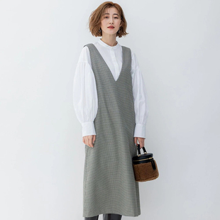 23区日系春季通勤混纺V领套头细格背心连衣裙无袖连身裙商场同款