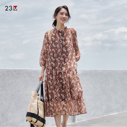 棉桑蚕丝混纺印花连衣裙商场同款