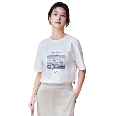 棉水印圆领针织短袖T恤商场同款