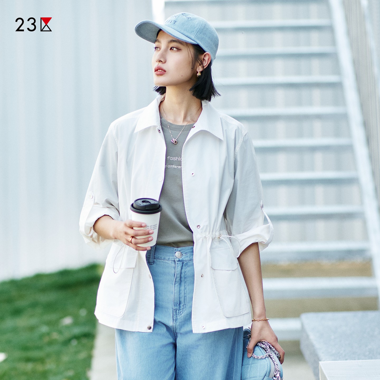 棉混纺方领收腰薄款外套商场同款