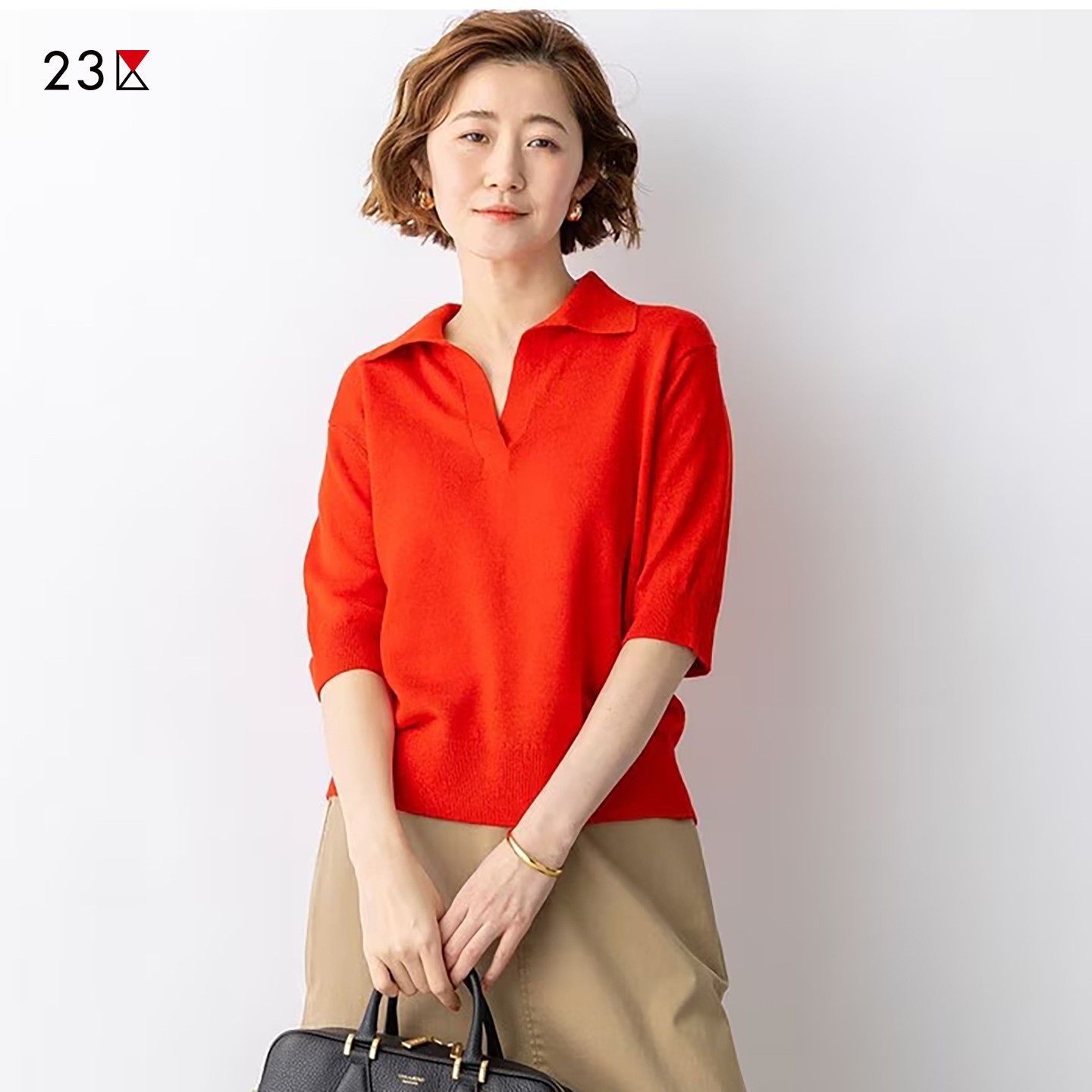 亚麻翻领套头中袖针织衫商场同款