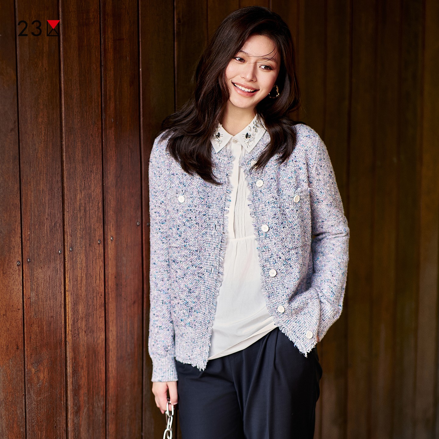 棉羊毛混纺圆领针织开衫商场同款