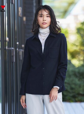 23区日系春季通勤职业宽松纯羊毛小方领长袖衬衣休闲衬衫商场同款