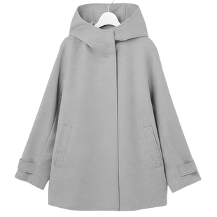 23区日系春季通勤宽松羊毛羊绒混纺连帽毛呢外套短大衣商场同款