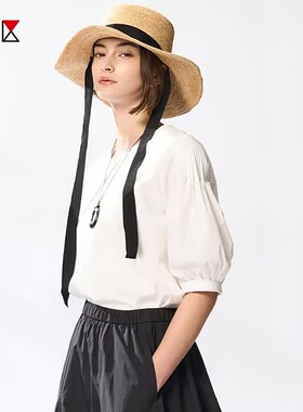 23区日系秋季通勤宽松版棉V领套头五分袖T恤针织衫内搭商场同款