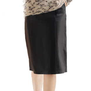 23区日系秋季通勤职业OL羊革前开叉直筒半身裙皮裙中裙商场同款