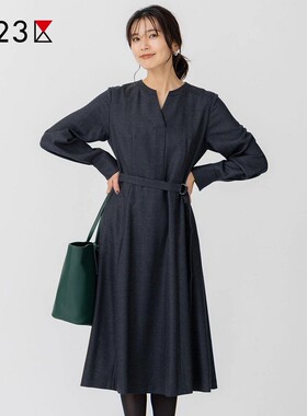 23区日系秋季通勤纯羊毛V领套头长袖连衣裙打底连身裙商场同款
