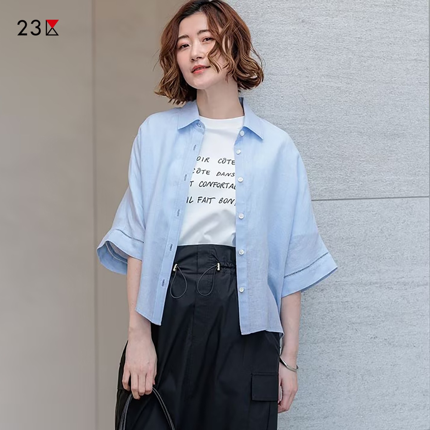 亚麻方领五分袖休闲衬衣商场同款