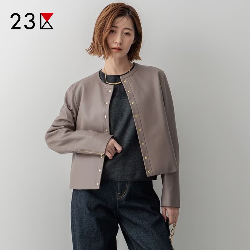 通勤直筒版羊革圆领皮衣商场同款