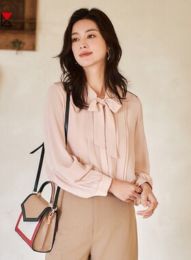 23区日系秋季通勤宽松纯桑蚕丝飘带款长袖衬衣真丝衬衫商场同款