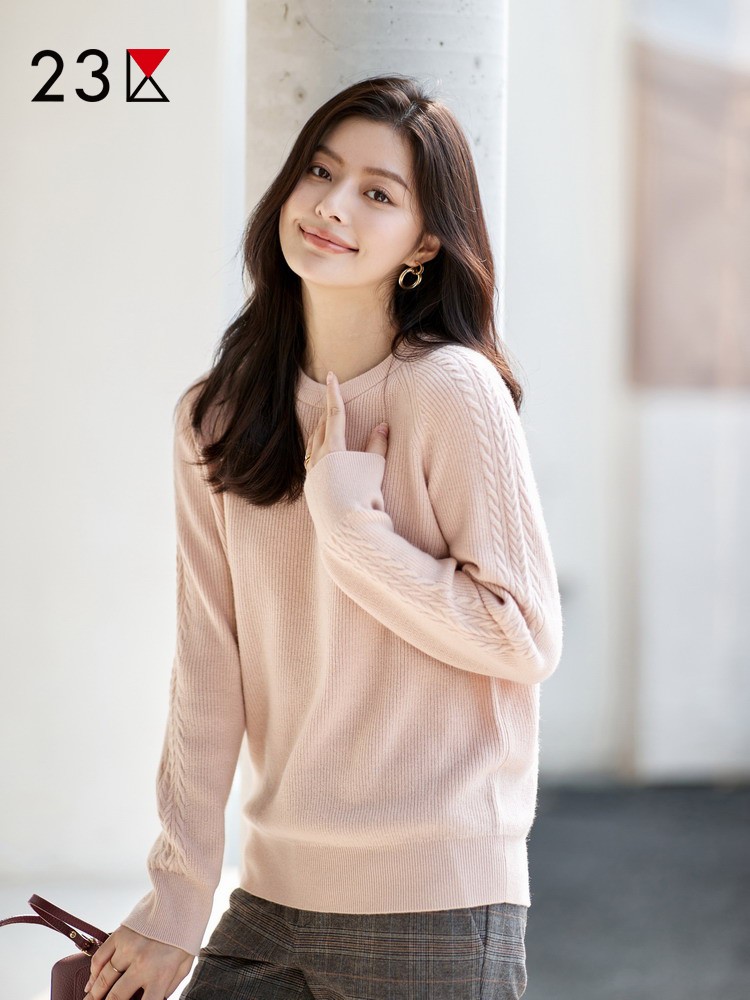 23区日系秋季通勤宽松羊毛羊绒混纺圆领套头毛衣针织毛衫商场同款