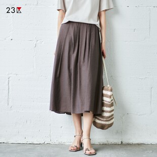 通勤宽松亚麻混纺松紧腰过膝半身裙休闲伞裙商场同款 23区日系秋季
