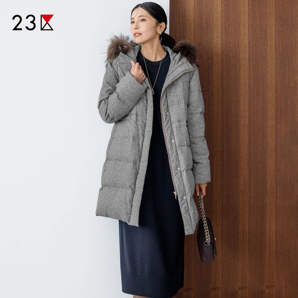 印条直筒连帽中长羽绒服商场同款