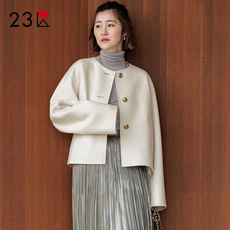 23区日系春季通勤宽松羊毛混纺圆领毛呢外套休闲短大衣商场同款
