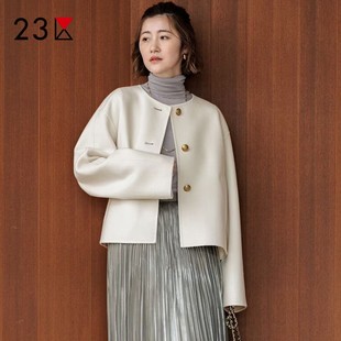 23区日系春季通勤宽松羊毛混纺圆领毛呢外套休闲短大衣商场同款