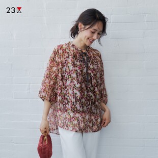 23区日系秋季通勤宽松棉桑蚕丝混纺七分袖衬衣印花衬衫商场同款