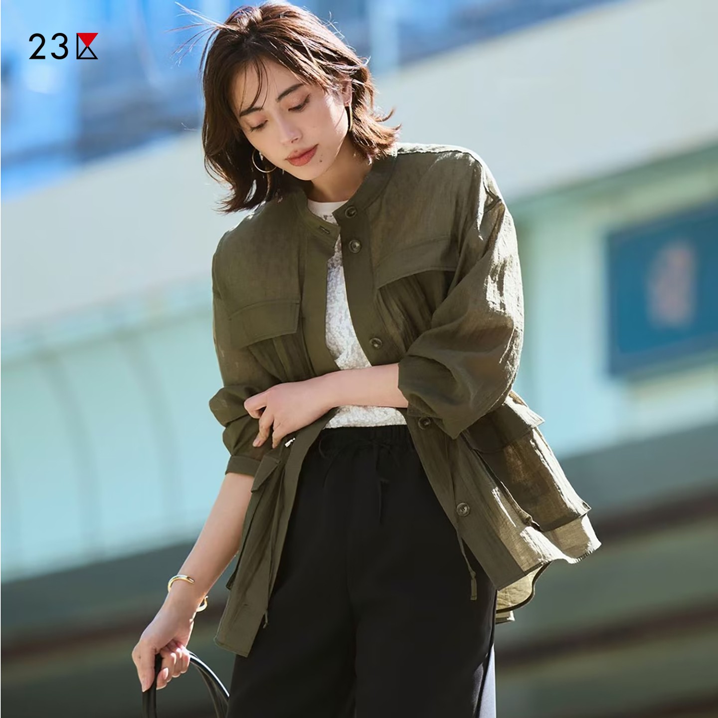 亚麻混纺小立领收腰衬衣商场同款