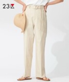 商场同款 23区日系春季 长裤 休闲腰带款 通勤职业OL棉亚麻混纺直筒裤