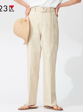 23区日系春季通勤职业OL棉亚麻混纺直筒裤休闲腰带款长裤商场同款