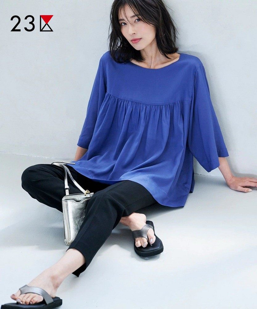 23区日系春季通勤宽松圆领套头七分袖衬衣裙摆式中袖衬衫商场同款