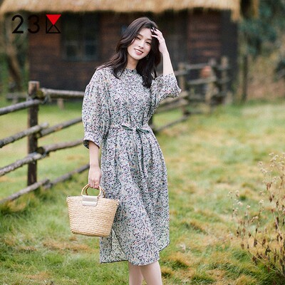 棉桑蚕丝混纺印花连衣裙商场同款