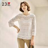 23区日系秋季 商场同款 通勤直筒全棉圆领套头镂空针织衫 手工编织衫