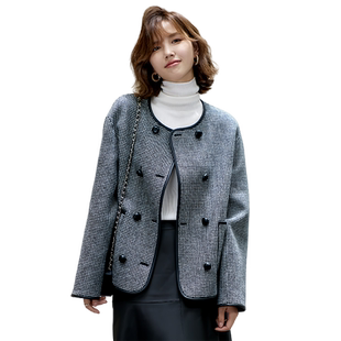 23区日系春季通勤宽松羊毛羊绒混纺千鸟格外套镶边上衣商场同款