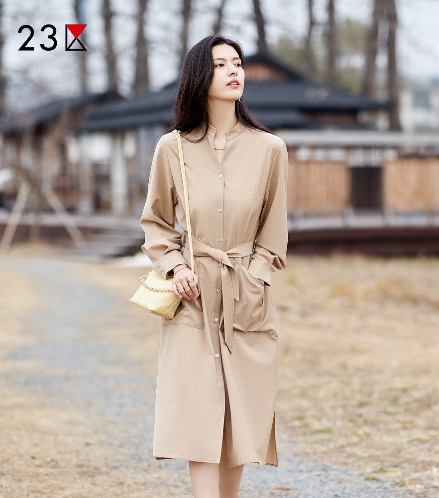 23区日系秋季通勤立领羊毛混纺衬衫式连衣裙连身裙风衣商场同款