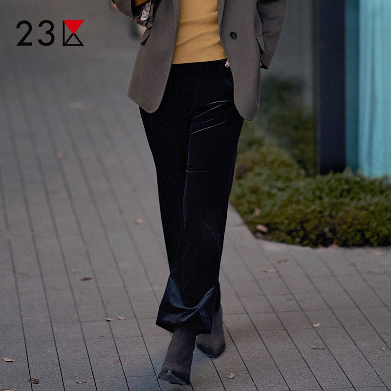 混纺丝绒松紧腰阔腿长裤商场同款